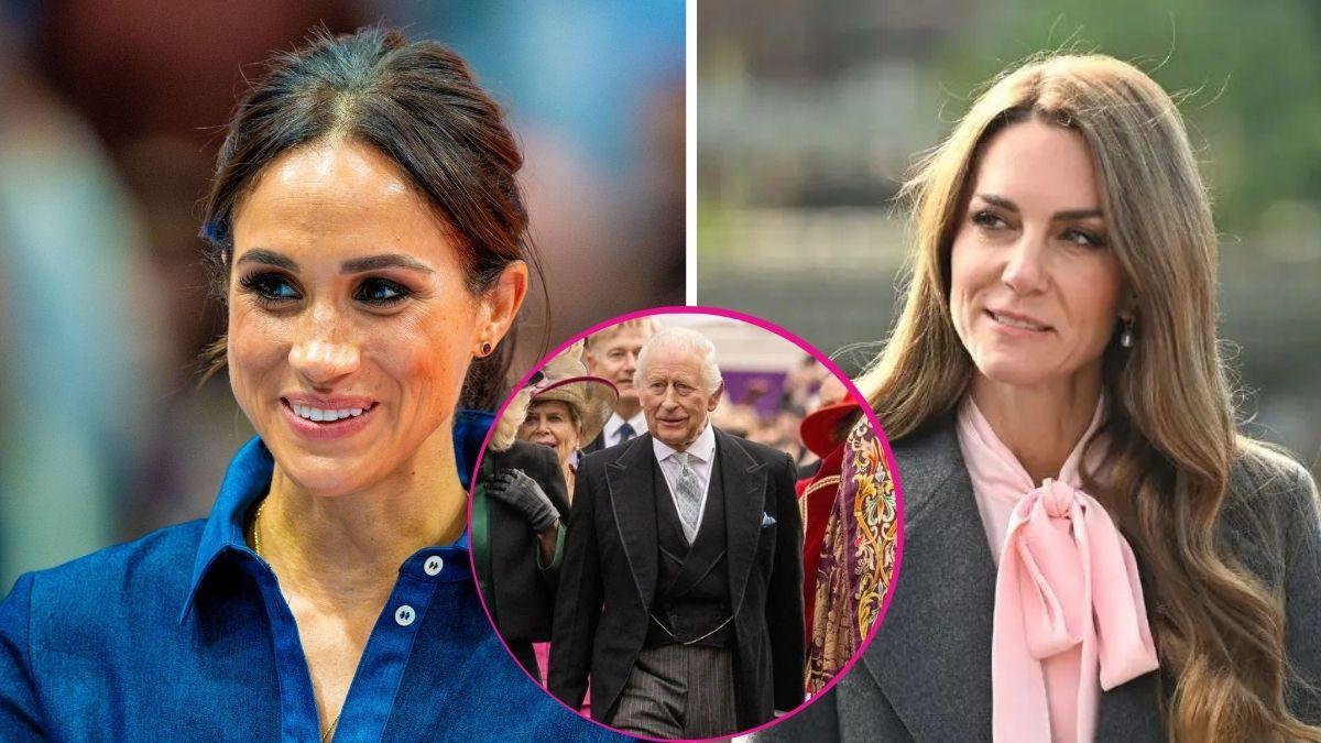 image split of Kate middleton, King Charles, meghan markle