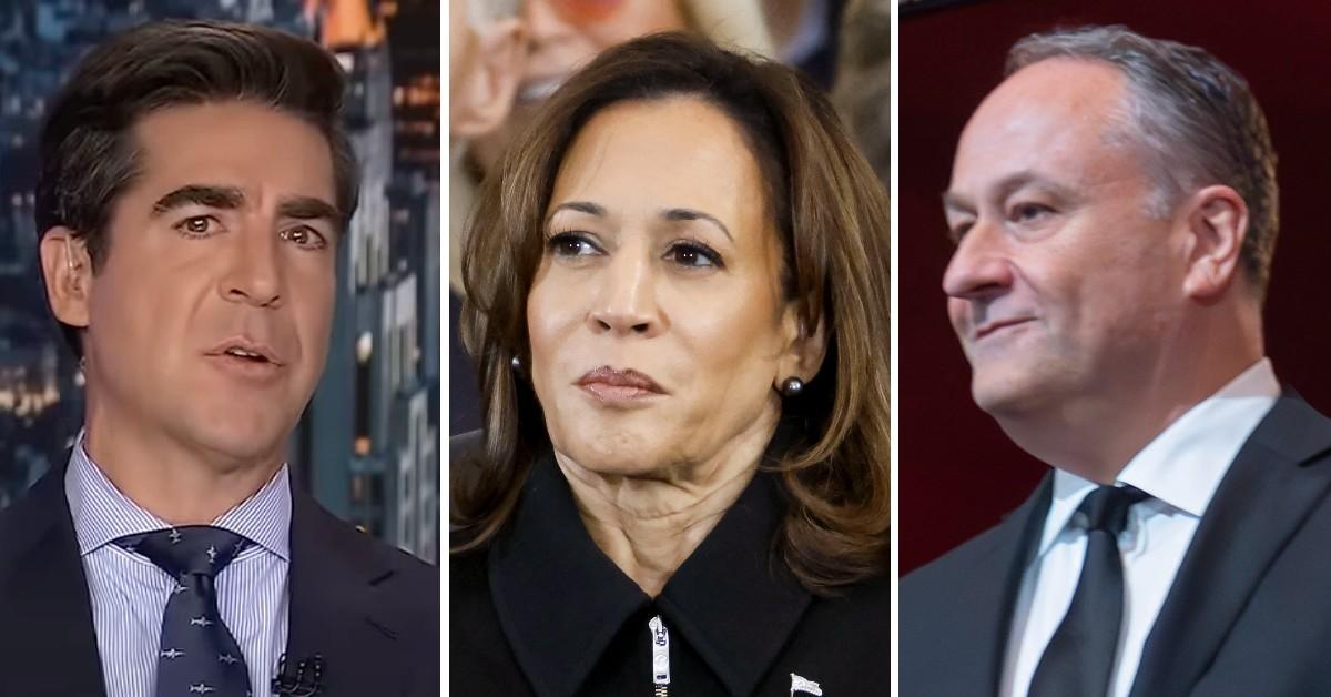 Split photos of Jesse Watters, Kamala Harris and Doug Emhoff.