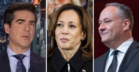 Split photos of Jesse Watters, Kamala Harris and Doug Emhoff.