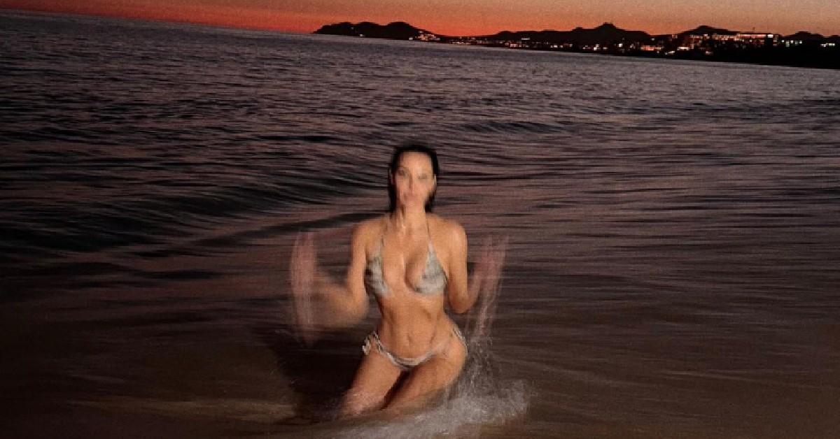 kim kardashian flaunts fit figure zebra print bikini beach photoshoot