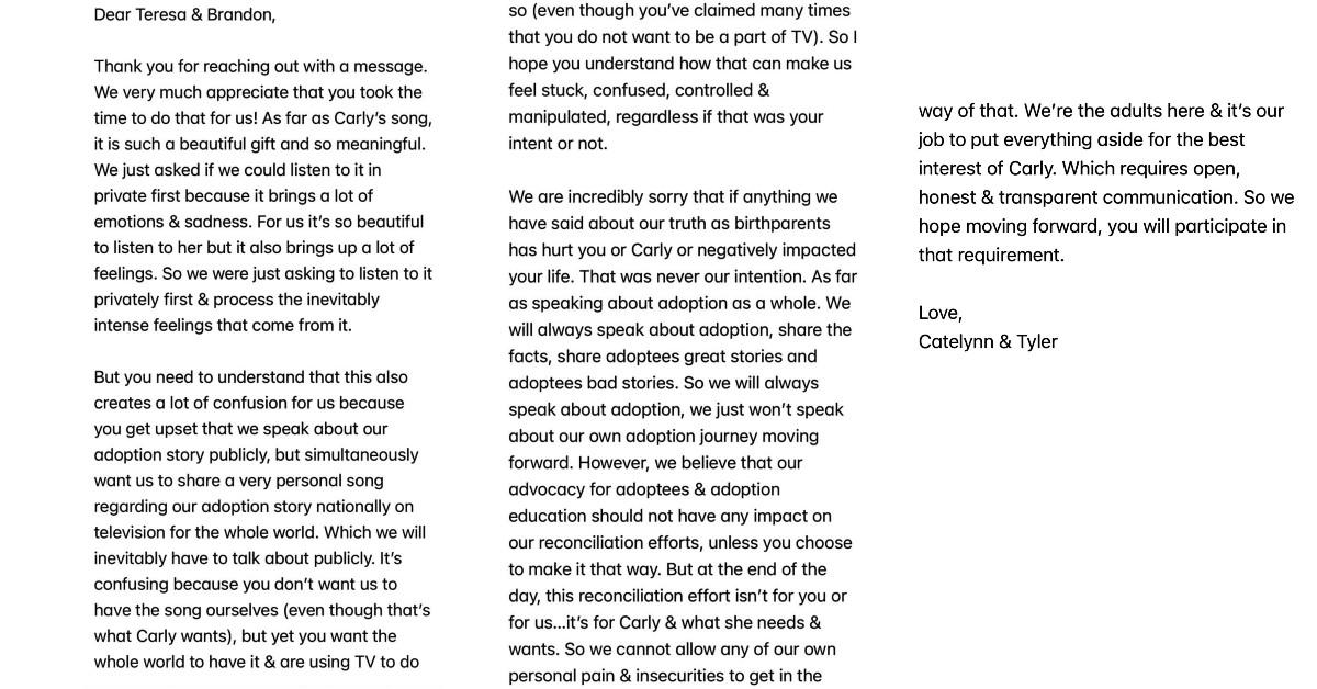 Photo of Tyler and Catelynn's letter to Brandon and Teresa Davis