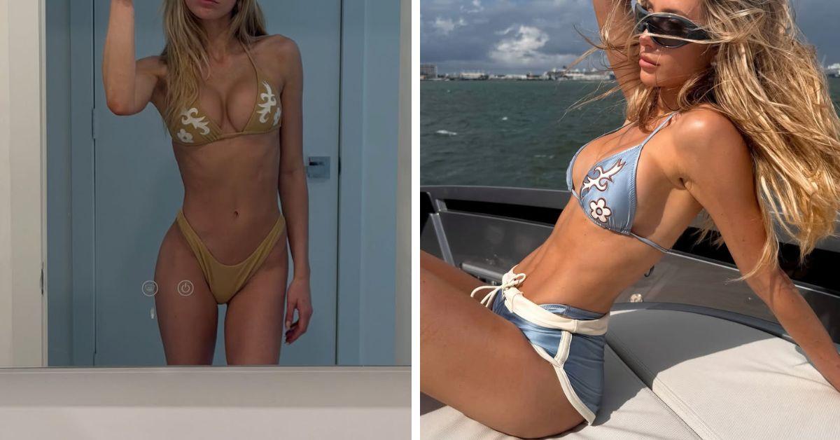 image of The influencer shared several sizzling swimsuit photos, including a gold bikini mirror selfie.