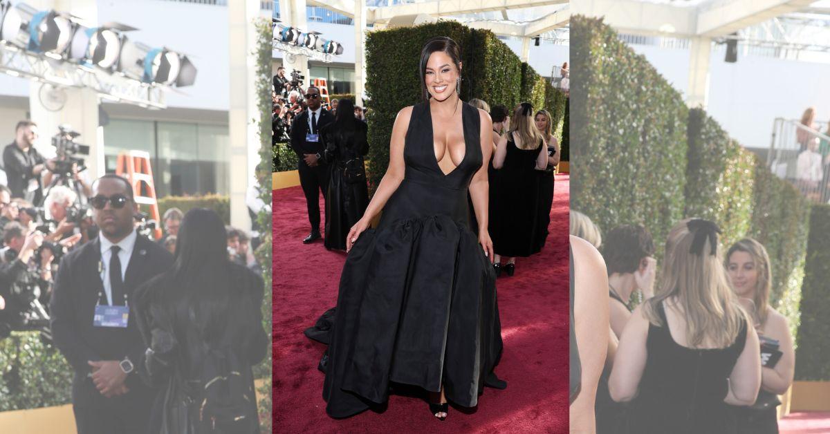 ashley graham spills out black dress  golden globes red carpet