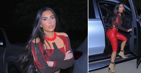 kim kardashian in red leather pants leaves friends house in west hollywood