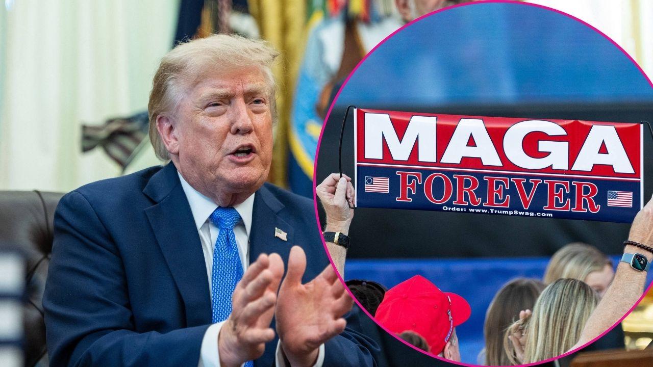 Composite photo of Donald Trump and a MAGA banner.