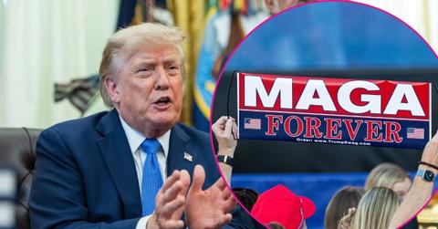 Composite photo of Donald Trump and a MAGA banner.