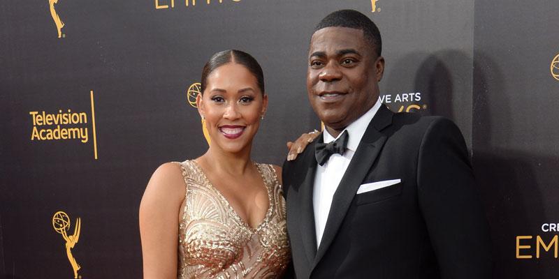 Megan Wollover wearing Gold Sequined Dress With Husband Tracy Morgan In Black Tux