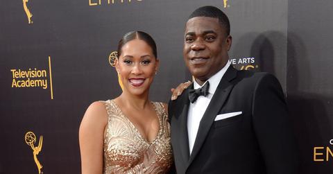 Megan Wollover wearing Gold Sequined Dress With Husband Tracy Morgan In Black Tux