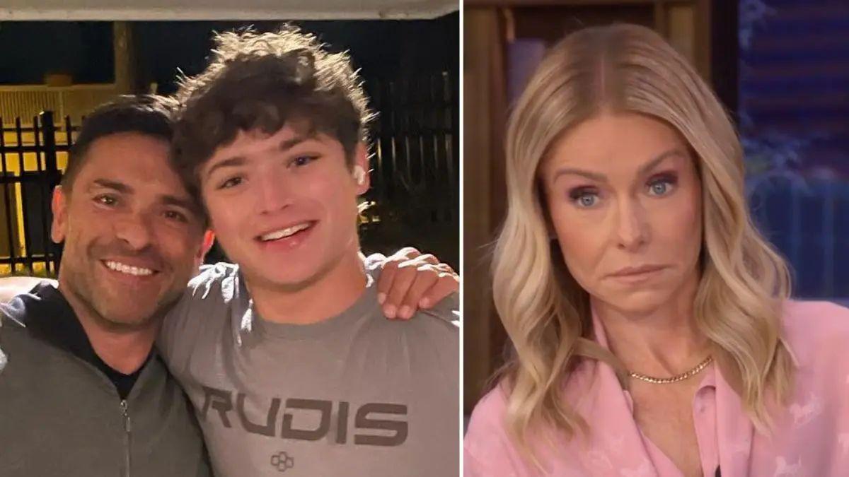 Split photo of Mark Consuelos, Joaquin Consuelos and Kelly Ripa.