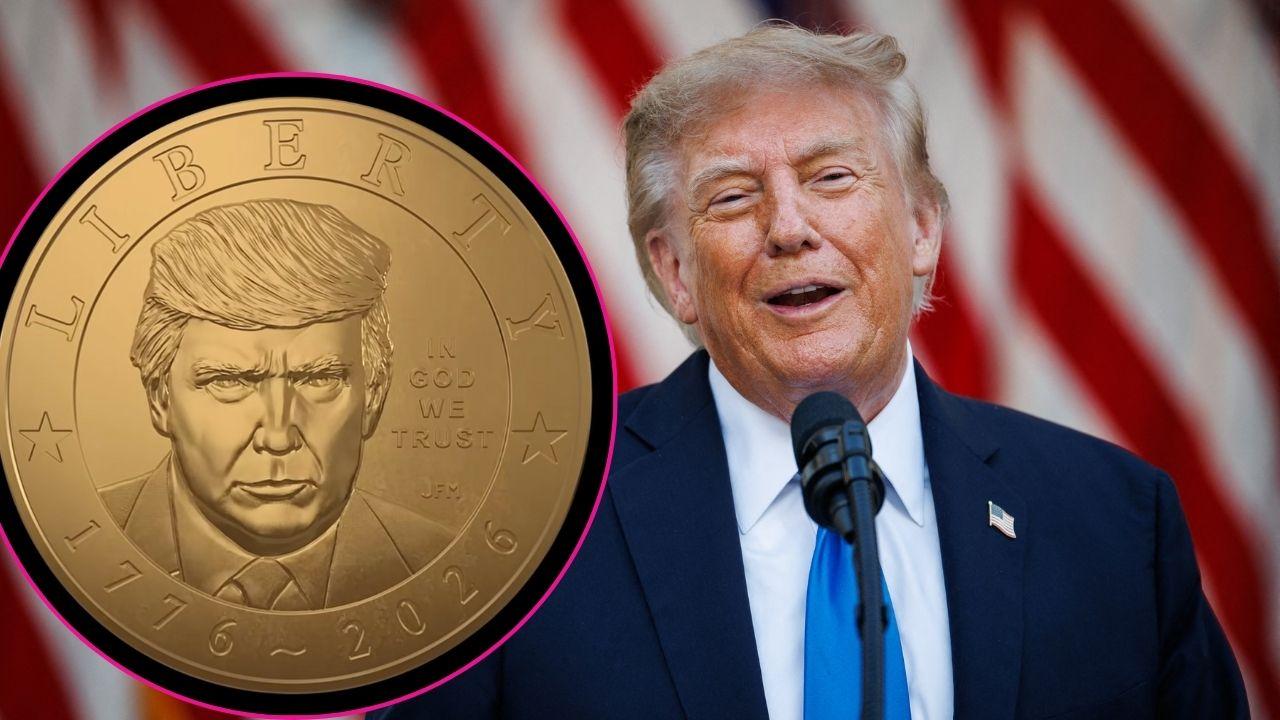 Composite photo of Donald Trump and the $1 commemorative coin.