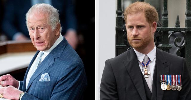 Split photo of King Charles and Prince Harry.