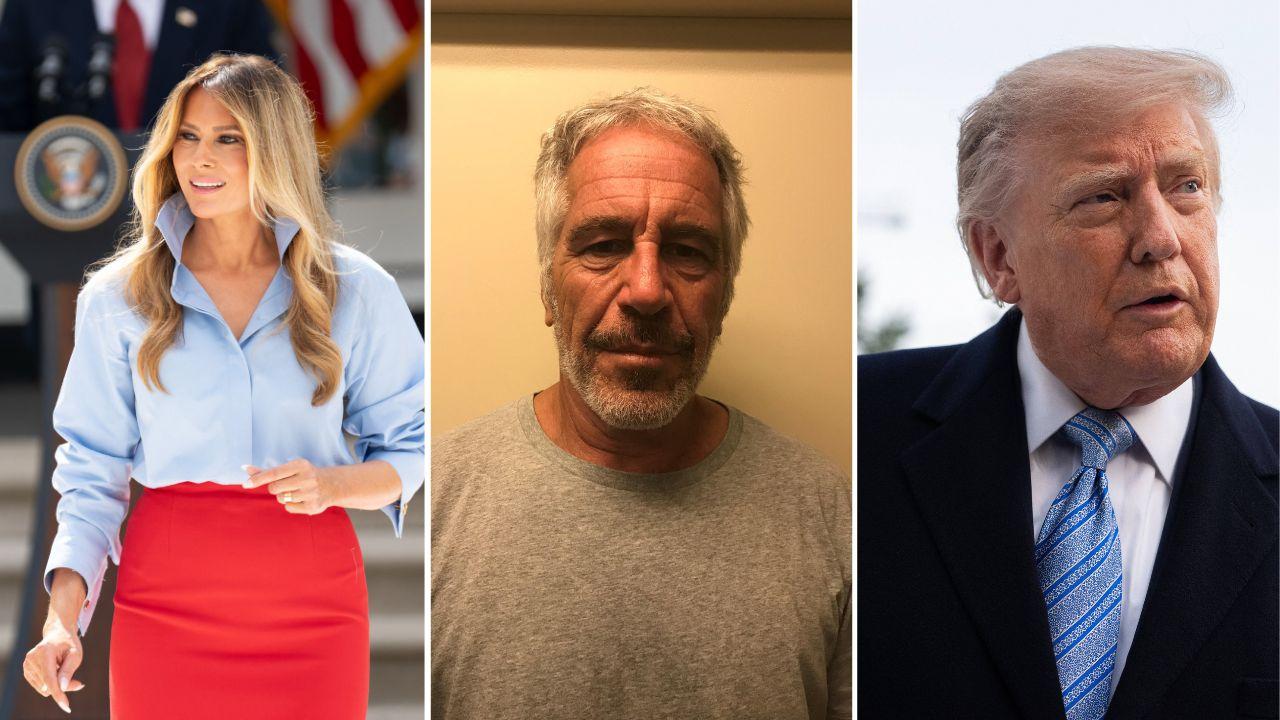 Split image of Melania Trump, Jeffrey Epstein and Donald Trump