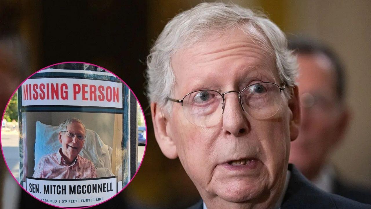 Composite photo of Mitch McConnell and missing person poster.