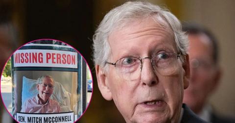 Composite photo of Mitch McConnell and missing person poster.