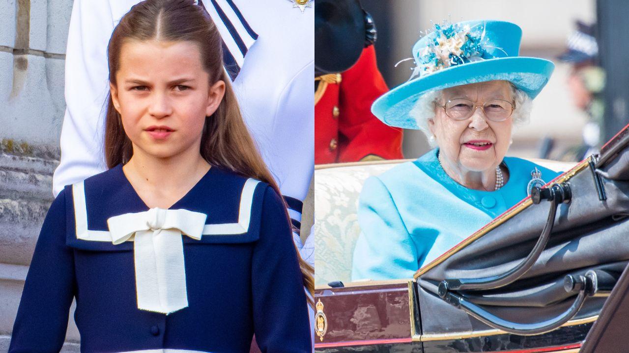 Split image of Princess Charlotte and Queen Elizabeth II.