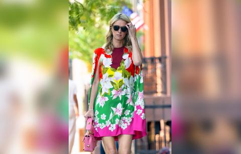 nicky hilton walking around nyc in colorful floral dress