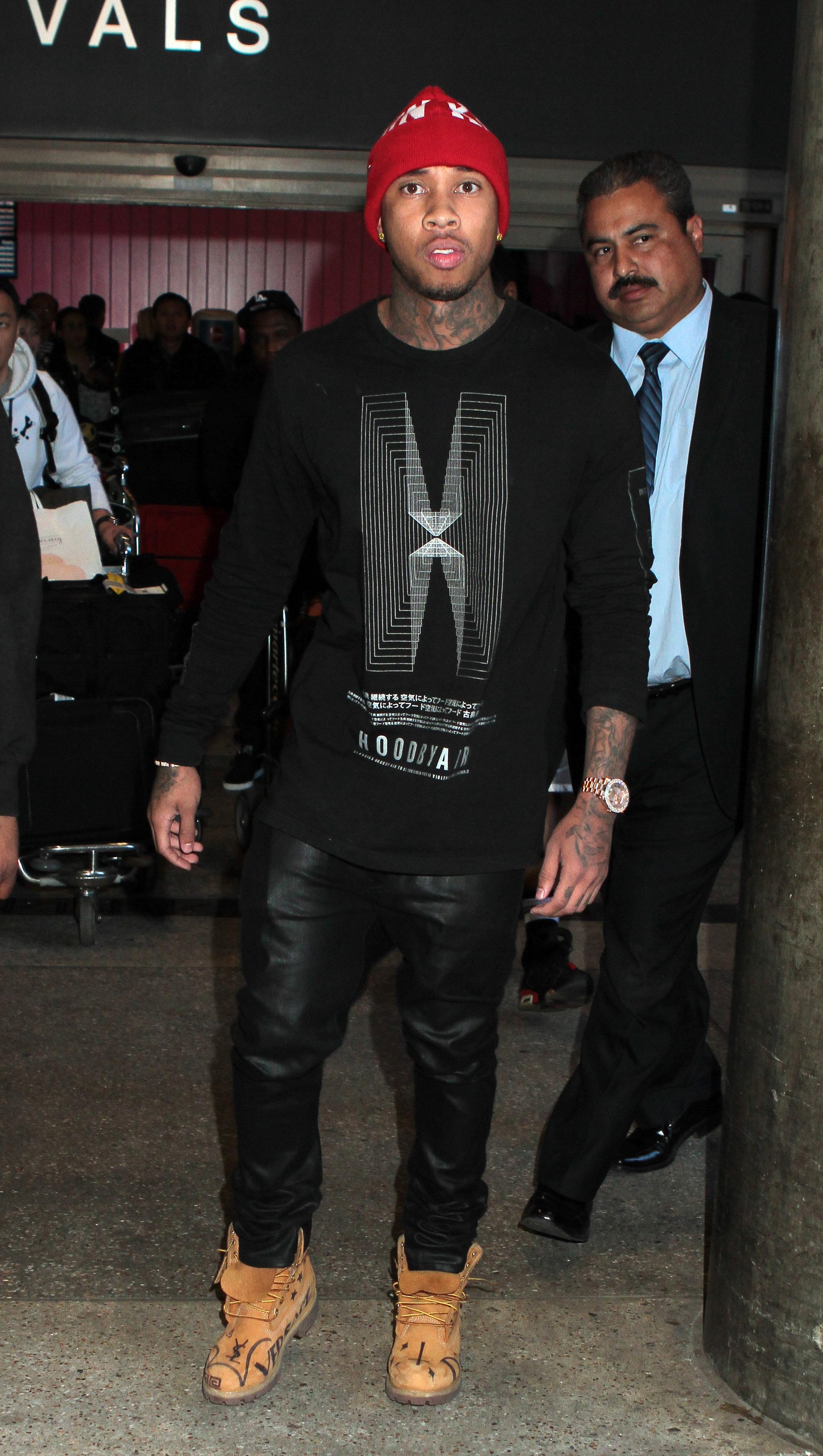 Rapper Tyga, the rumoured boyfriend of Kylie Jenner, is spotted arriving at LAX Airport in Los Angeles, CA