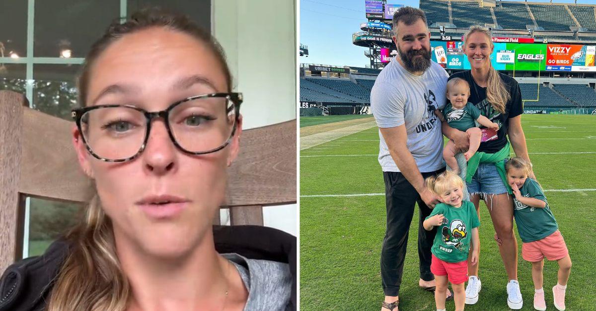 A photo of Kylie Kelce and an image of her with husband Jason Kelce and their three daughters.