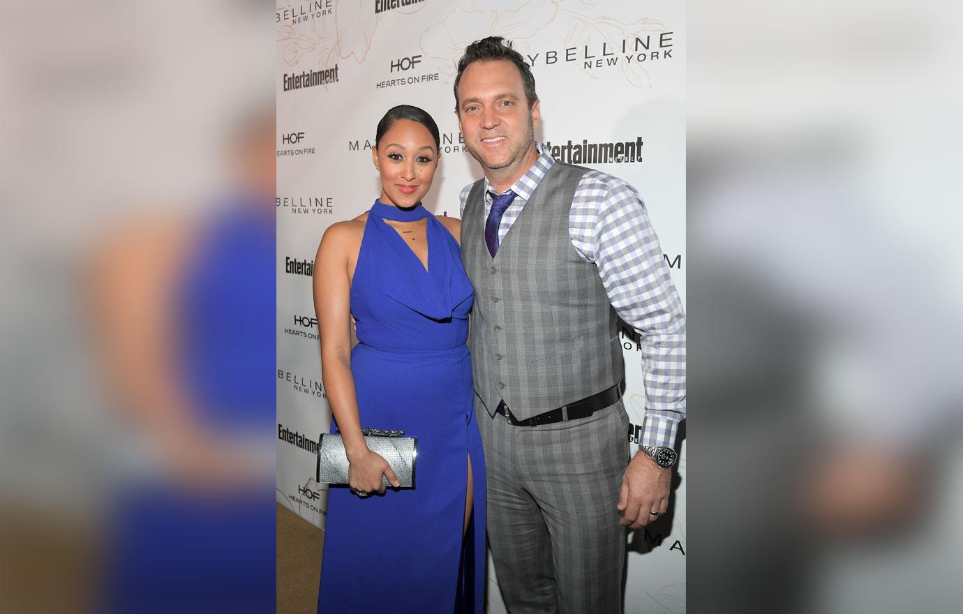 Tamera Mowry Wearing Royal Blue Dress With Adam Housley