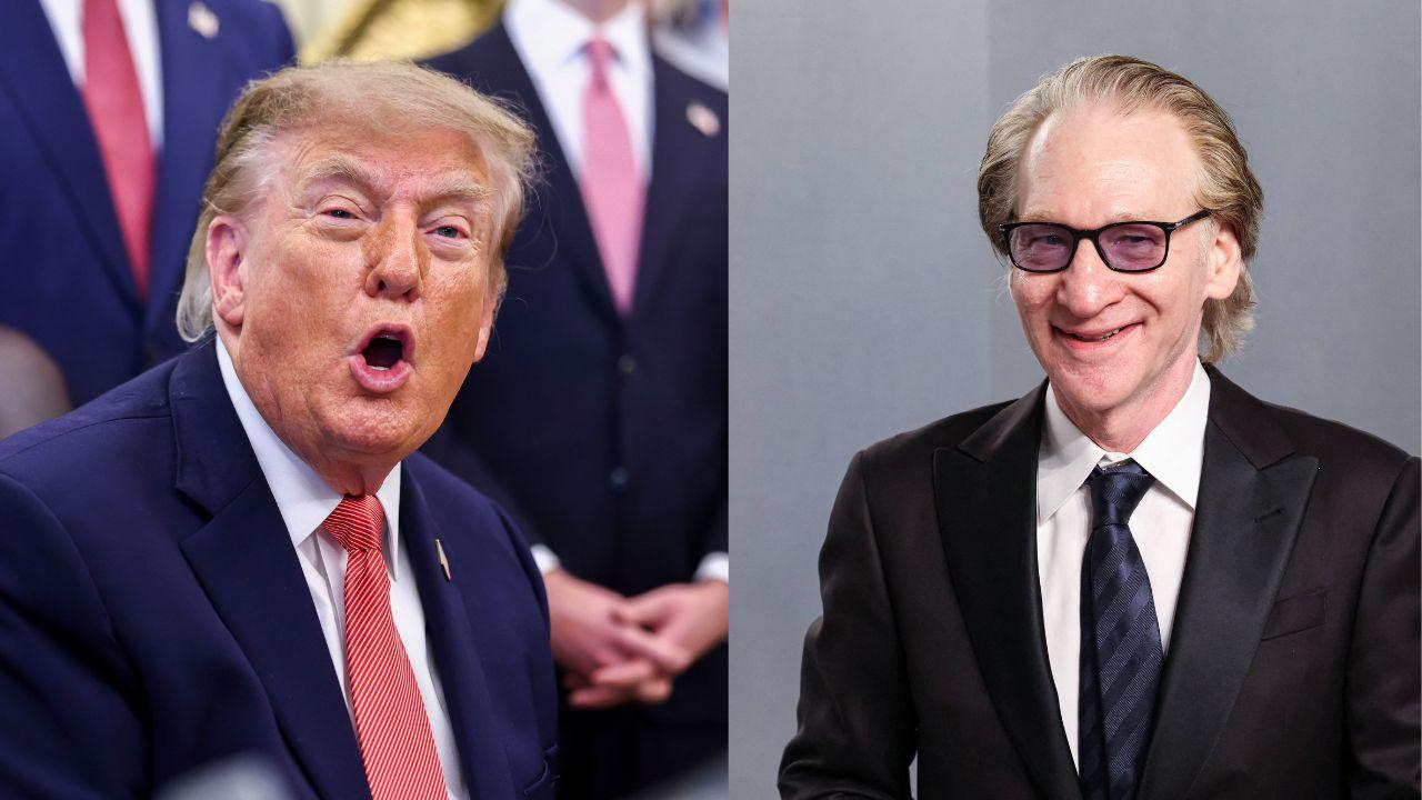 Split image of Bill Maher and President Donald Trump.