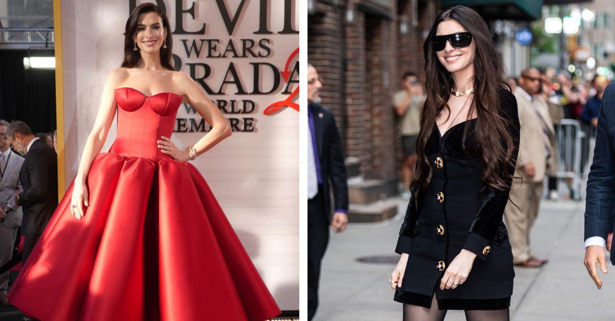 image of Anne Hathaway carefully selected loose-fitting designer outfits from luxury brands to conceal her growing baby bump throughout the tour.