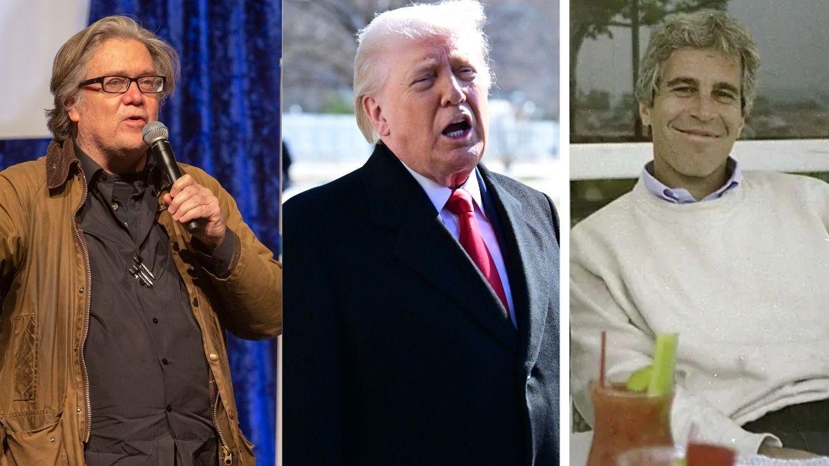 split photo of steve bannon, donald trump and jeffrey epstein