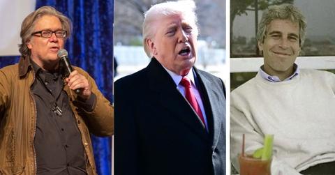 split photo of steve bannon, donald trump and jeffrey epstein