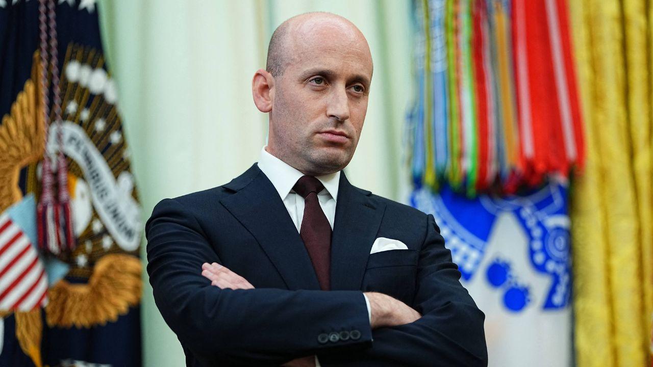Image of Stephen Miller declined to answer whether he knew Donald Trump was not aboard the plane.