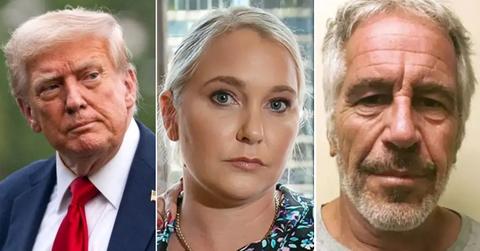 Photo of Donald Trump; picture of Virginia Giuffre; image of Jeffrey Epstien.