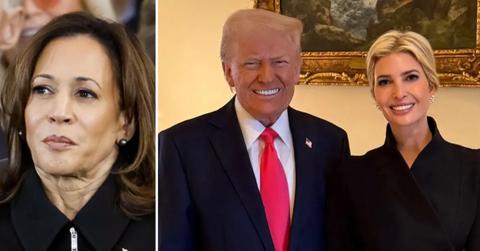 Photo of Kamala Harris and a photo of Donald and Ivanka Trump