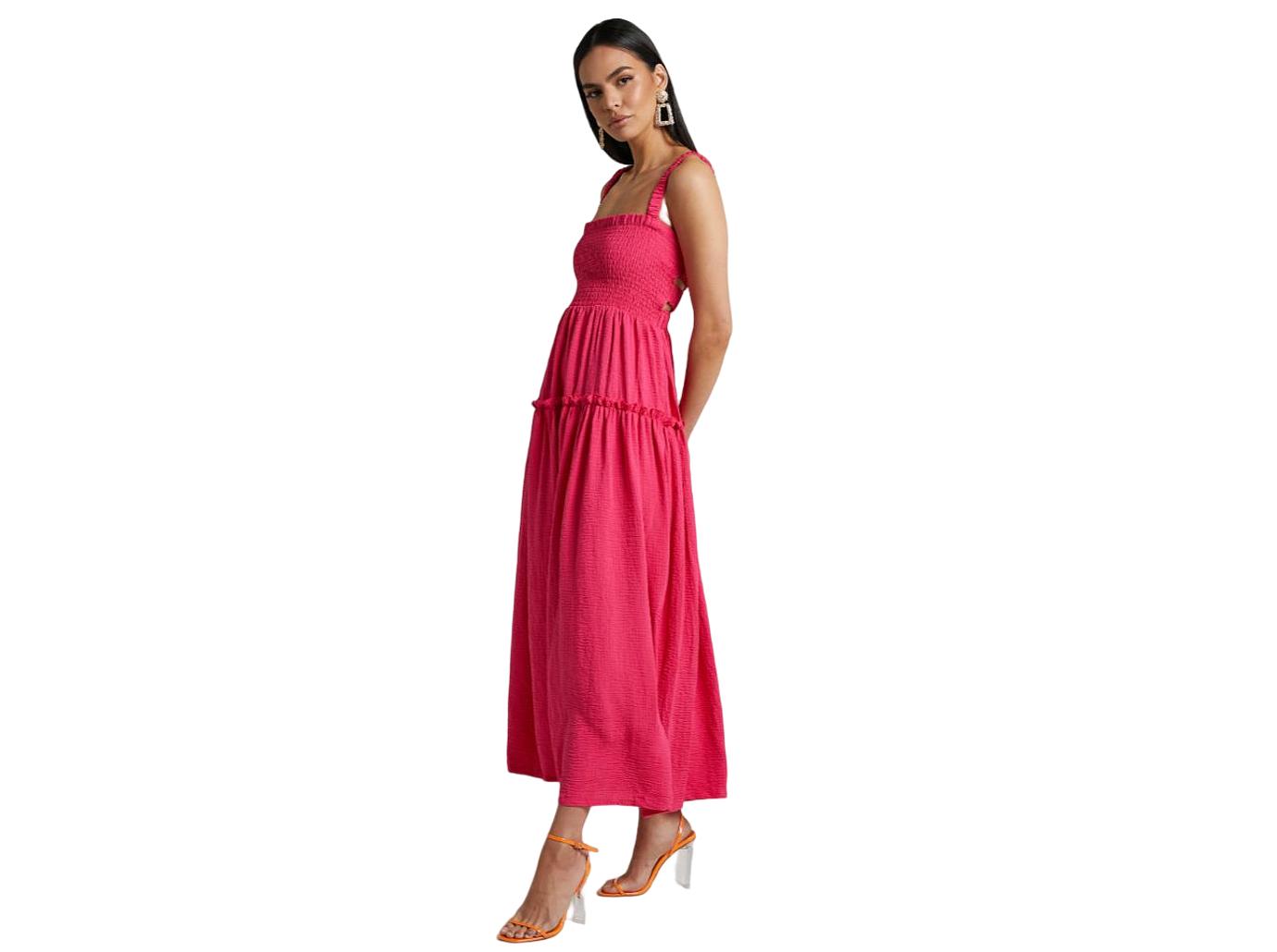 chrissy teigens pink dress wedding guest date shop