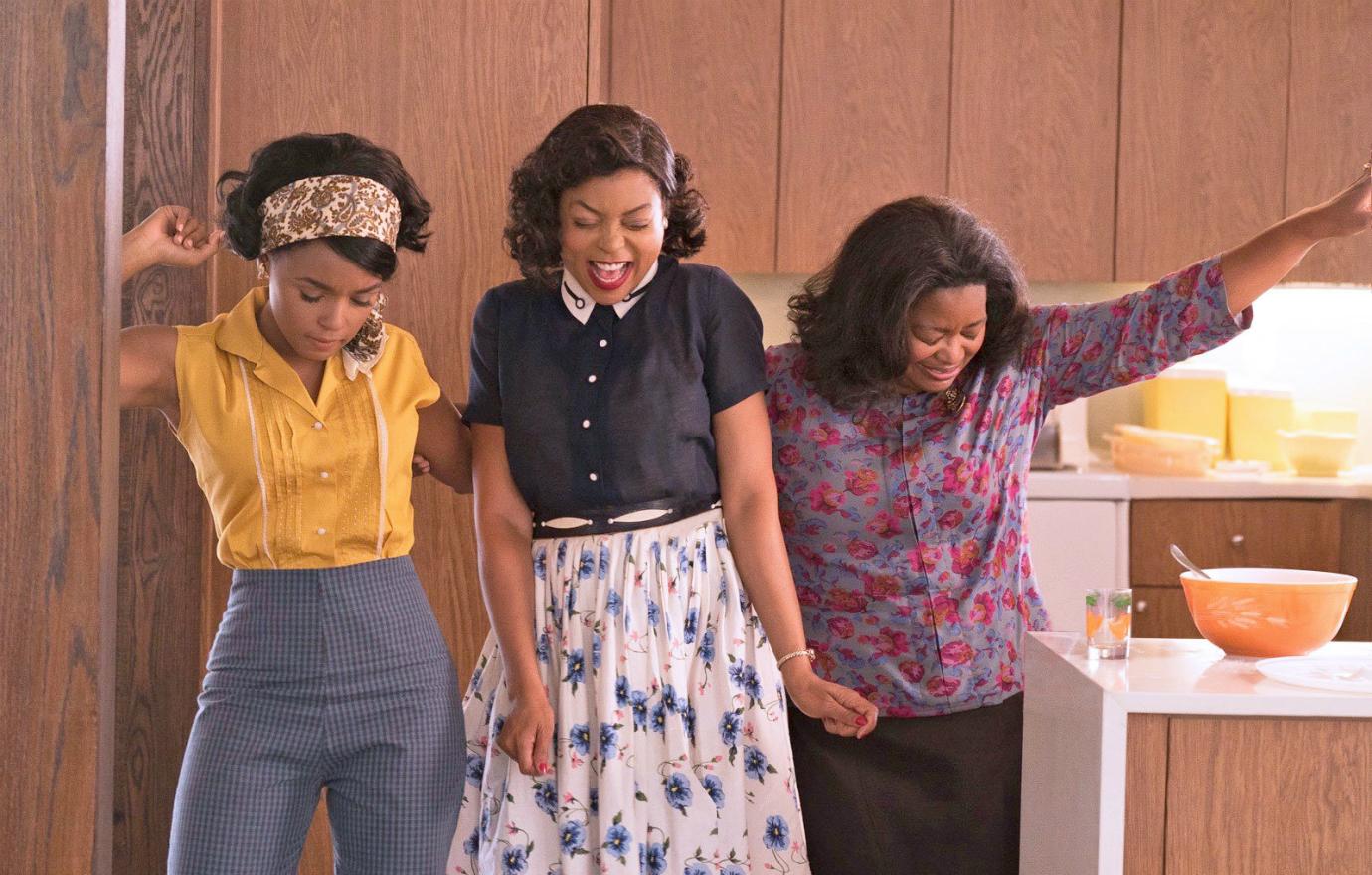 Janelle Monáe danced in grey slacks and a yellow blouse, while Taraji P. Henson smiled in her flowery skirt and black short-sleeved shirt, and Octavia Spencer also danced in a skirt and a flower-printed blouse.