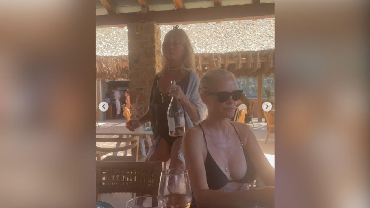 image of Goldie Hawn shared joyful moments from her European vacation, including a video of herself dancing in a black one-piece swimsuit.