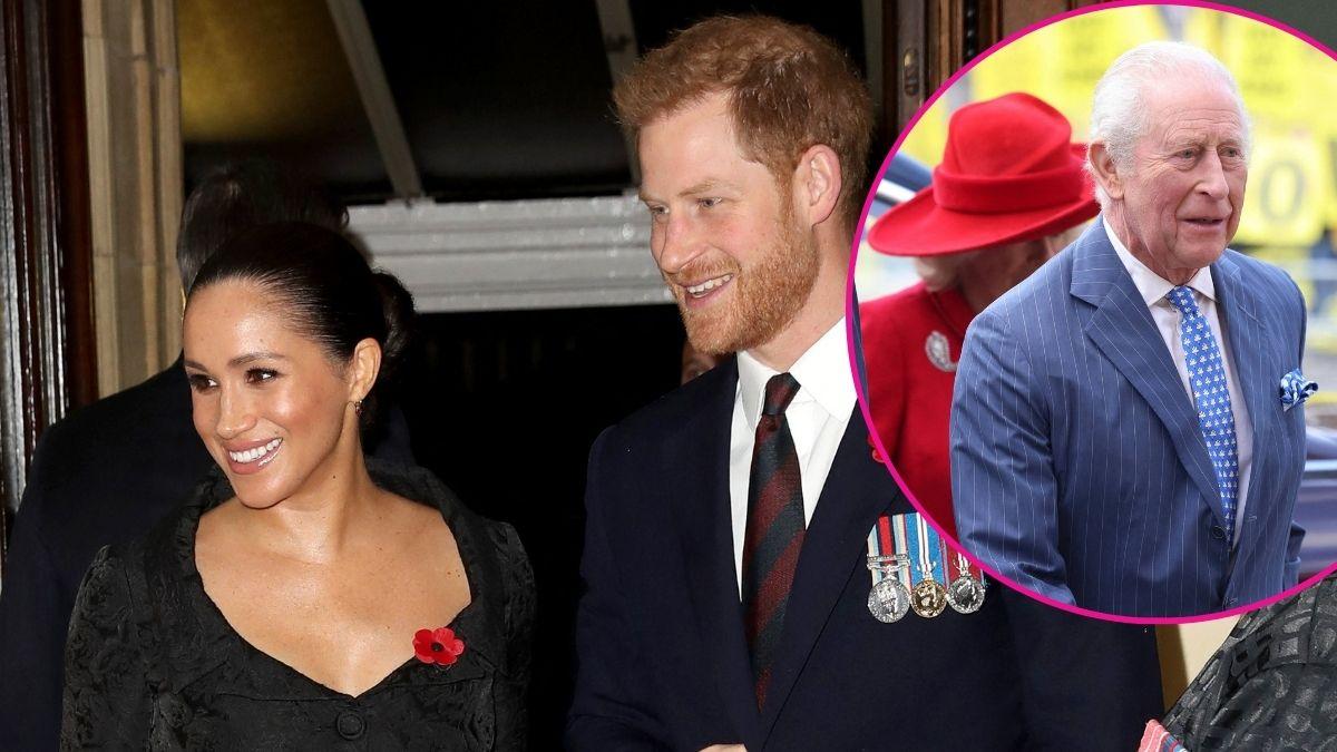 image of meghan markle and prince harry, inset of King Charles