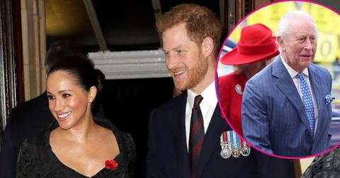 image of meghan markle and prince harry, inset of King Charles