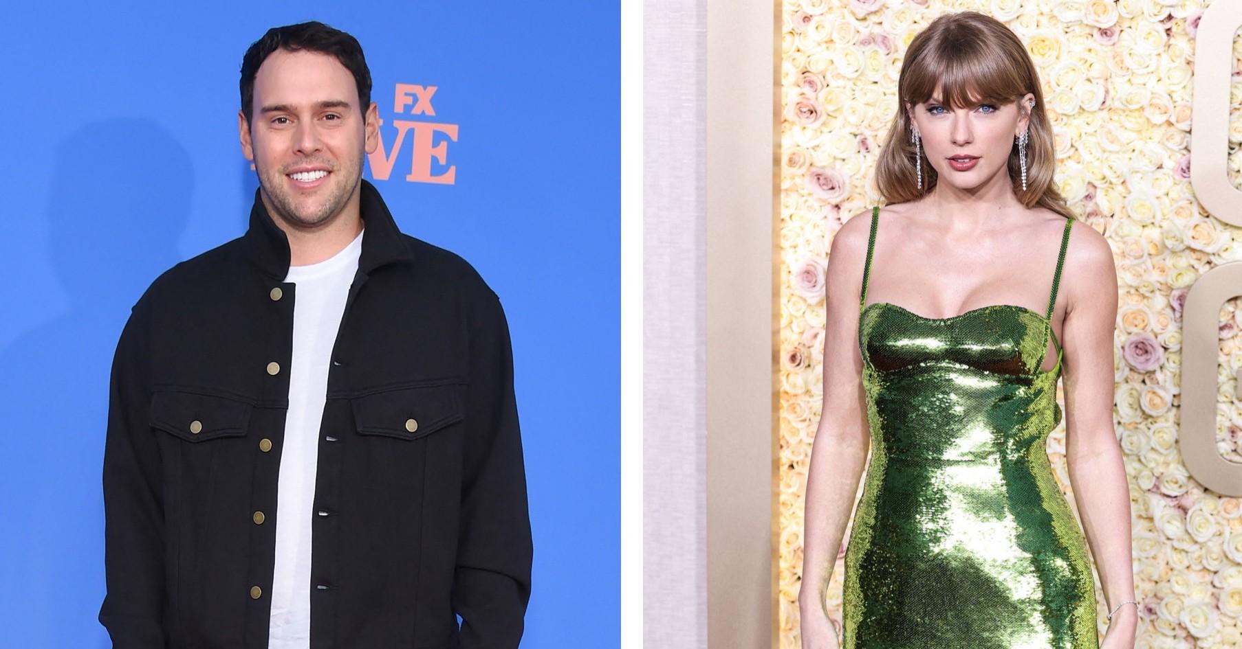 Composite photo of Scooter Braun and Taylor Swift. 