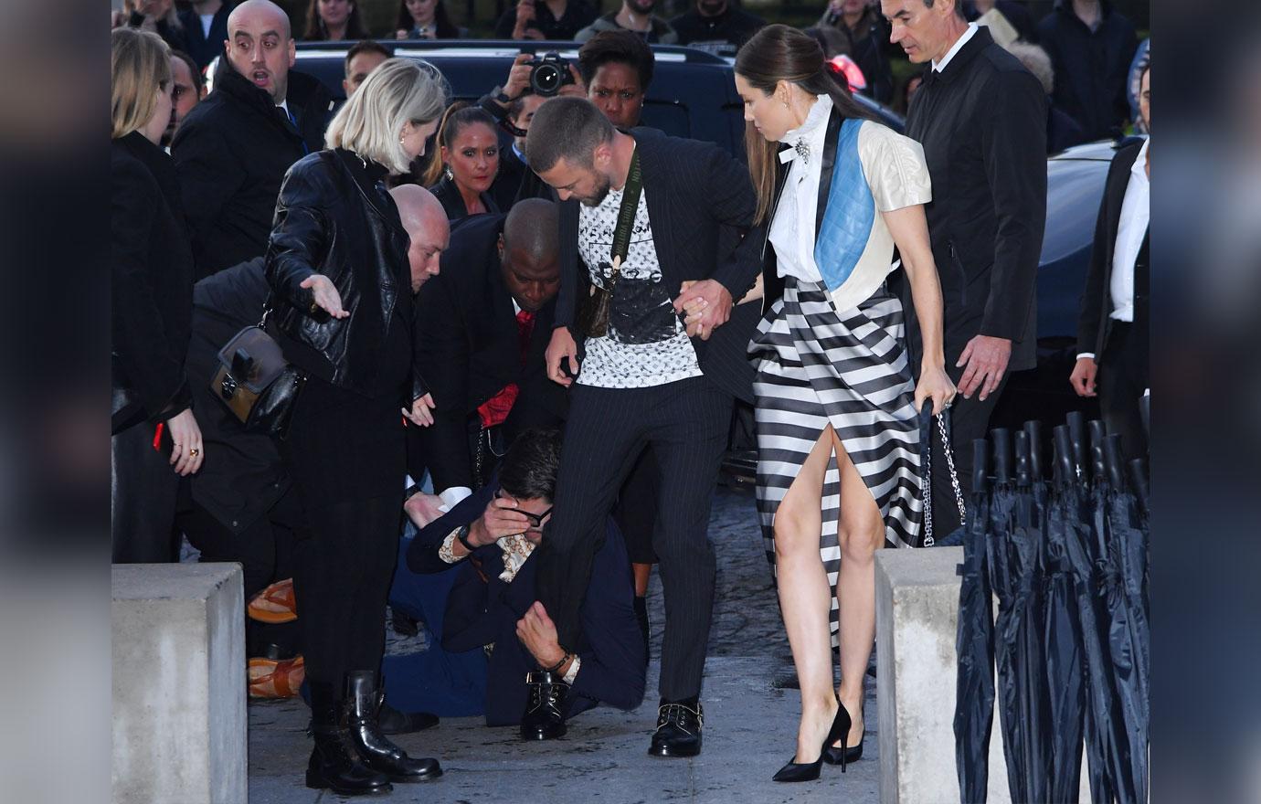 Justin Timberlake tackled by prankster outside Louis Vuitton Show