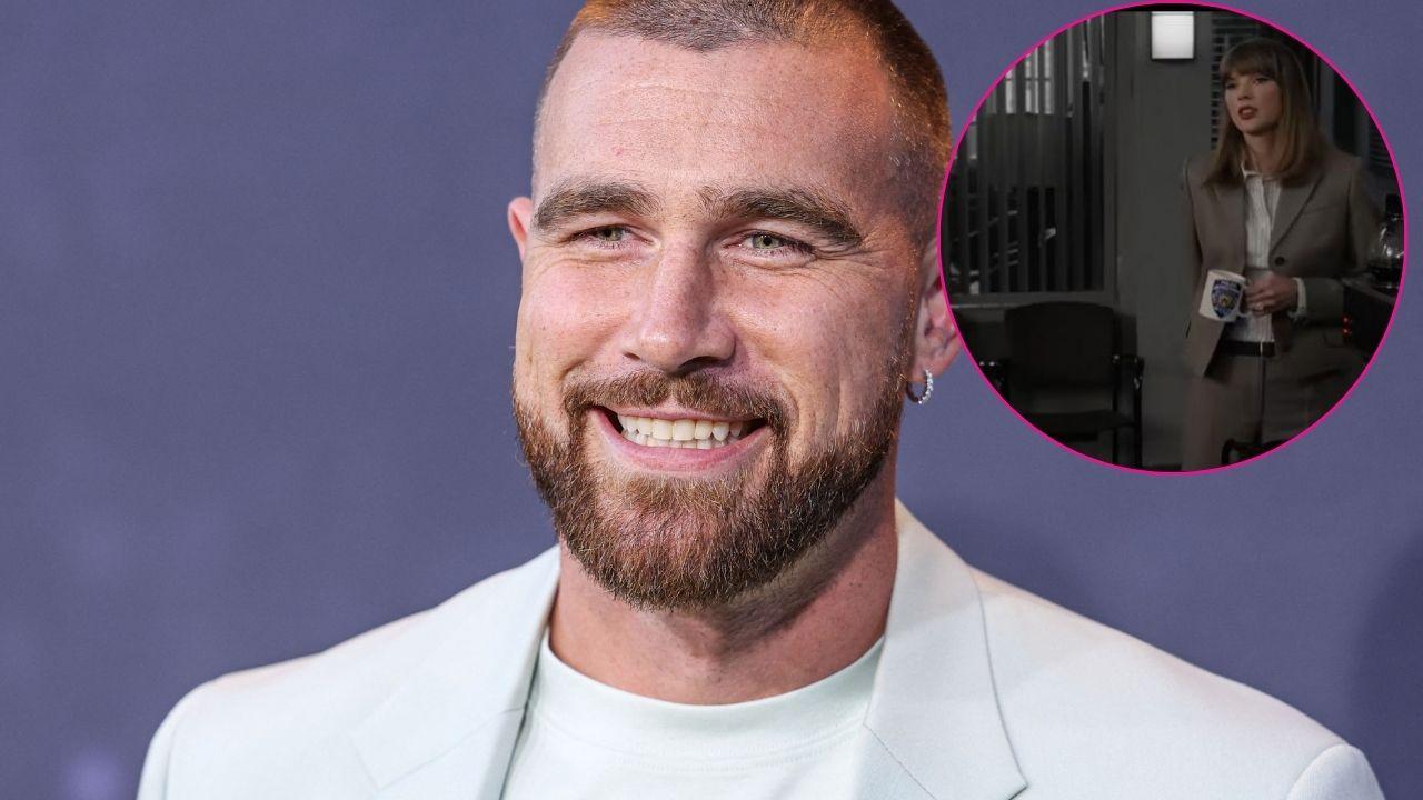 Image of Travis Kelce and (inset) Taylor Swift.