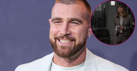 Image of Travis Kelce and (inset) Taylor Swift.