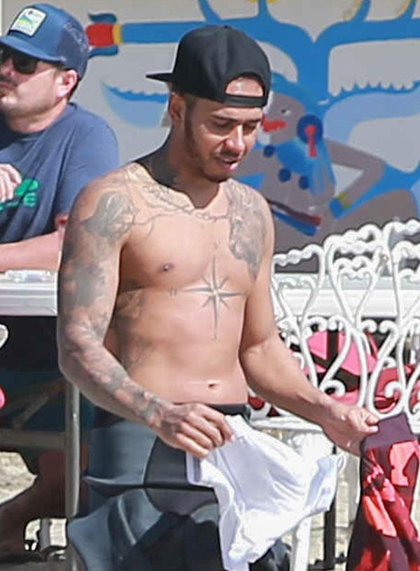 lewis hamilton shirtless beach vacation