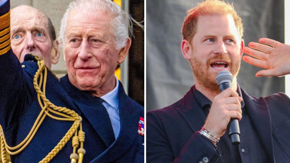 Split photo of Prince Harry and King Charles.