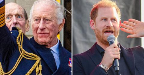 Split photo of Prince Harry and King Charles.