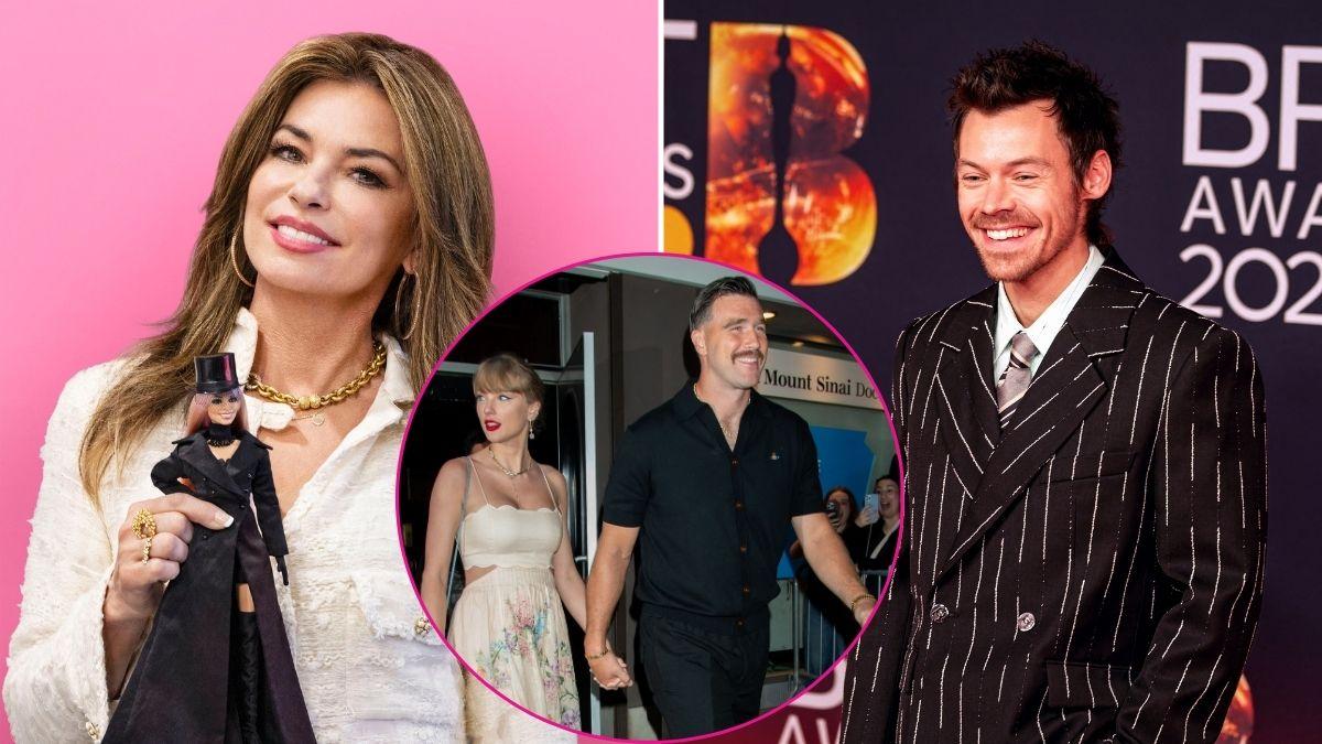 Split photo of Shania Twain & Harry Styles & Taylor Swift & Travis Kelce