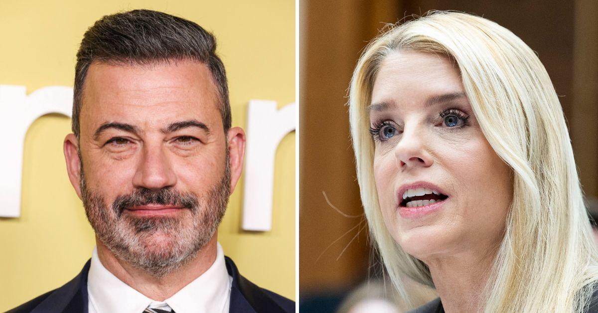 split photo of Jimmy Kimmel & Pam Bondi