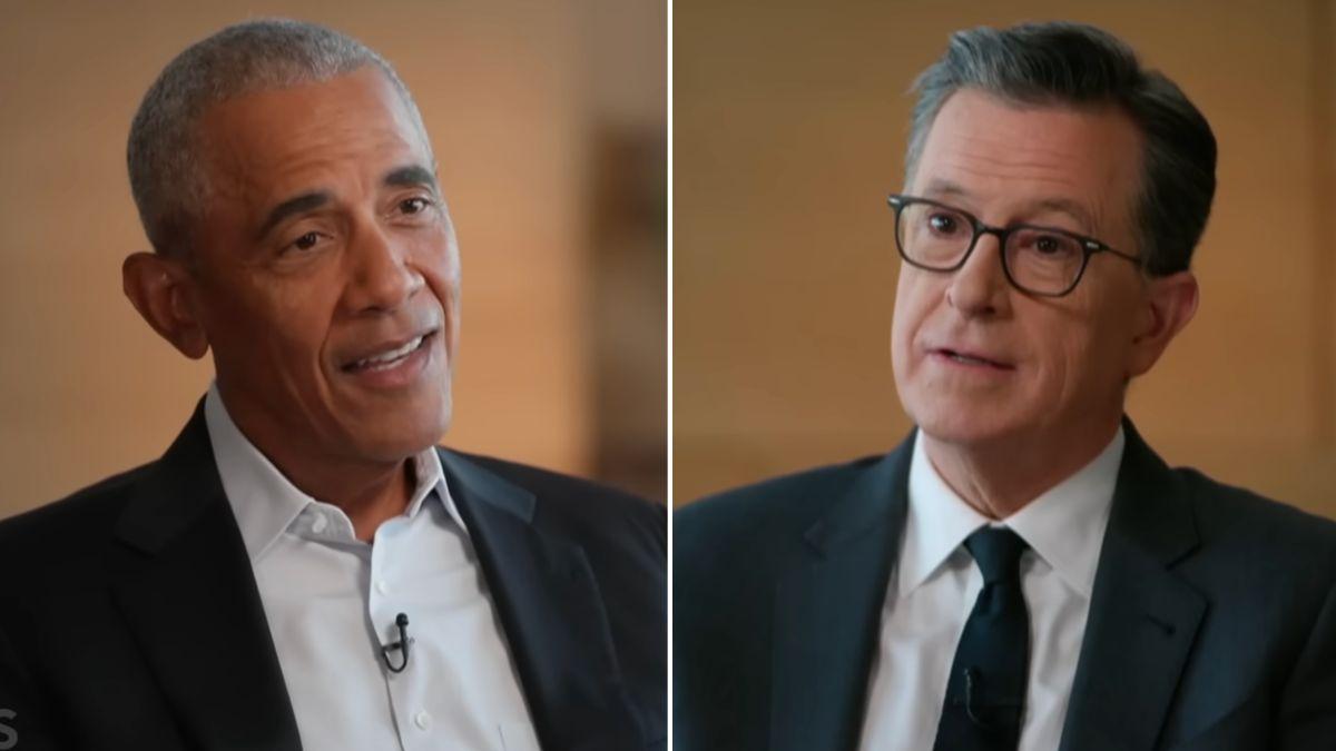 split photo of barack obama and stephen colbert