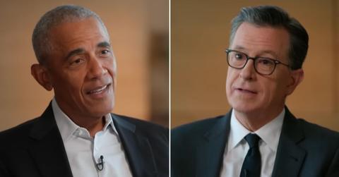 split photo of barack obama and stephen colbert