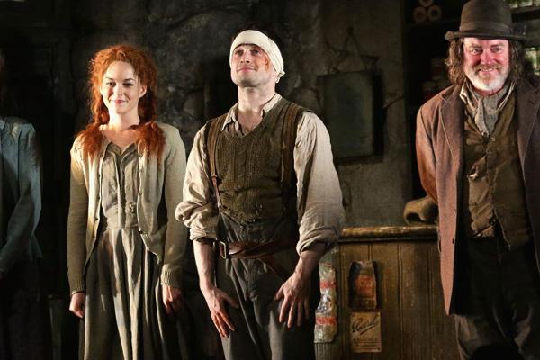 Daniel Radcliffe and Actors Sarah Greene,  and Pat Shortt during the Broadway opening night of 'The Cripple Of Inishmaan' at the Cort Theatre on April 20, 2014 in New York City. (Photo by Andrew Toth/Getty Images)