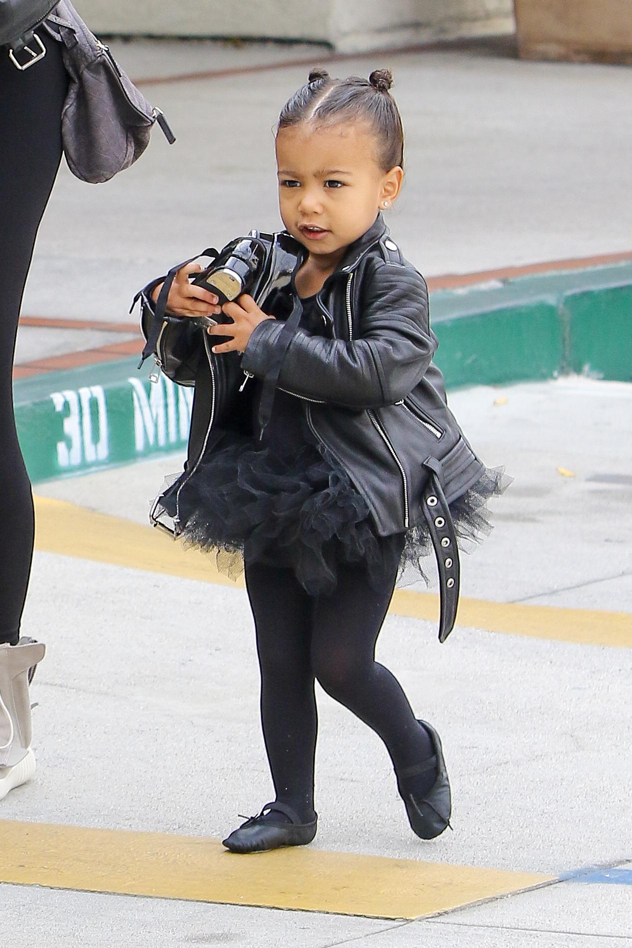 Kim Kardashian takes her little ballerina Nori to dance class wearing matching leather jackets