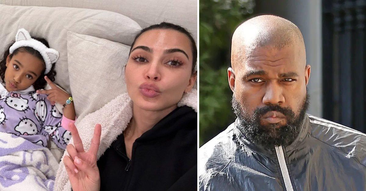 Photo of Kim Kardashian with daughter Chicago and a picture of Kanye West.