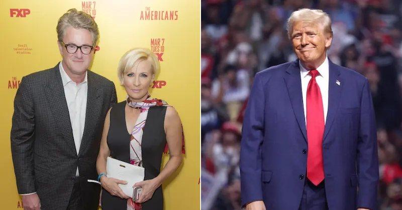 Photo of Joe Scarborough with Mika Brzezinski and an image of Donald Trump.